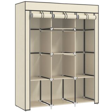 Homcom Fabric Wardrobe, Portable Wardrobe, Clothes Storage Unit With 8 Shelves, 2 Hanging Rods, 125 X 43 X 162.5 Cm, Cream White