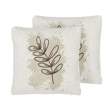 Set Of 2 Throw Cushions Beige Polyester Blend 45 X 45 Cm Decorative Soft Home Accessory Embroidered Leaf Beliani