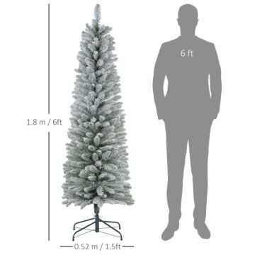 Homcom 6ft Artificial Pencil Christmas Tree With 329 Snow Flocked Tips, Metal Base, Realistic Xmas Tree