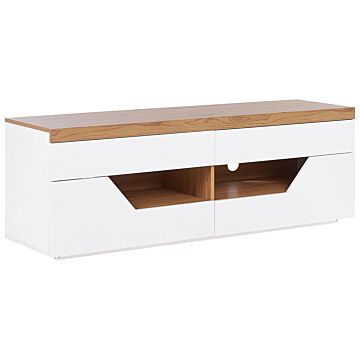 Tv Stand White With Light Wood Mdf 4 Drawers 2 Shelves Cable Management Tv Unit Scandi Style Beliani