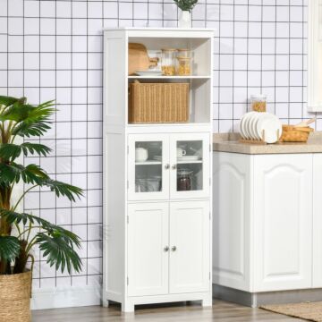 Homcom Freestanding Kitchen Cupboard, 4-door Storage Cabinet With Adjustable Shelf And Glass Doors, White