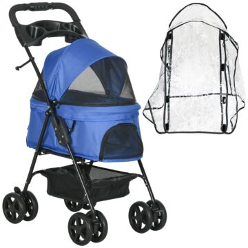 Pawhut Dog Stroller With Rain Cover, Dog Pushchair One-click Fold Trolley With Eva Wheels Brake Basket Adjustable Canopy Safety Leash