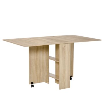 Homcom Mobile Drop Leaf Dining Kitchen Table Folding Desk For Small Spaces With 2 Wheels & 2 Storage Shelves Oak