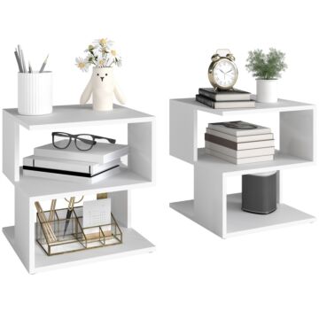 Homcom Set Of 2 Side Table, Square Coffee Table, Modern End Table With 2 Tier Storage Shelves For Living Room, Bedroom, White