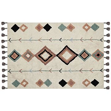 Area Rug Orange Cotton 160 X 230 Cm Rectangular With Tassels Diamond Pattern Boho Oriental Style Beliani