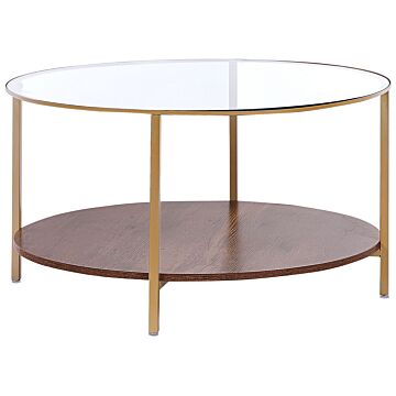 Coffee Table Gold Dark Wood Tempered Glass Iron Particle Board Ø 80 Cm With Shelf Round Glam Modern Living Room Beliani