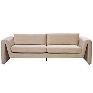 3 Seater Sofa Beige Velvet Upholstered Accent Armrests Cushioned Backrest Beliani