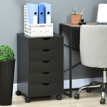 Homcom 5 Drawer Mobile Filing Cabinet, Vertical File Cabinet, Modern Rolling Printer Stand For Home Office, Black