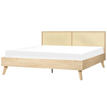 Panel Bed Light Wood Rattan Eu Super King Size 6ft Slatted Frame Bed Base Braided Headboard Modern Boho Beliani