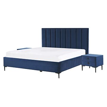 Bedroom Set Blue Velvet Eu Double Size 4ft6 Bed With Storage 2 Bedside Tables Upholstered Beliani