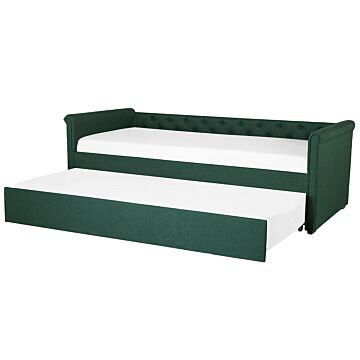 Trundle Bed Green Fabric Upholstery Eu Small Single Size Guest Underbed Buttoned Beliani