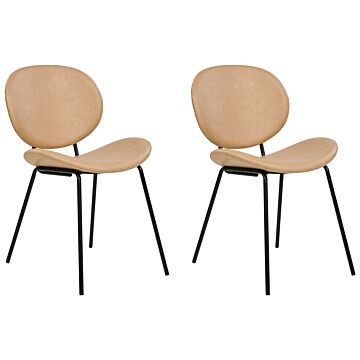 Set Of 2 Dining Chairs Sand Beige Armless Leg Caps Faux Pu Leather Black Iron Legs Contemporary Retro Design Dining Room Seating Beliani