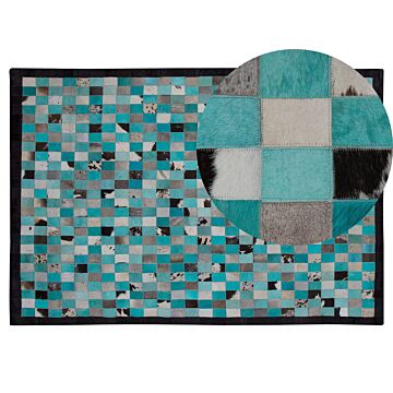 Area Rug Carpet Turquoise And Grey Leather Chequered 140 X 200 Cm Modern Eclectic Beliani