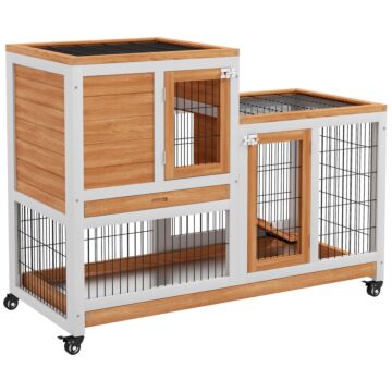 Pawhut Wooden Indoor Hutch Elevated Cage W/ Wheel, Run, Yellow