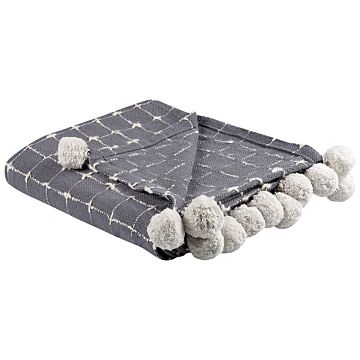 Blanket Grey Cotton 125 X 150 Cm Decorative Throw With Pom Poms Checked Cover Home Accessory Beliani