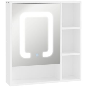 Kleankin Led Illuminated Bathroom Mirror Cabinet, Wall-mounted Storage Organizer With Four Open Shelves, Dimmable Touch Switch, White