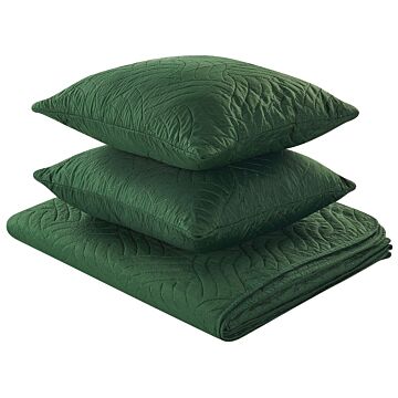 Bedspread Green Polyester Fabric 160 X 220 Cm With Cushions Embossed Pattern Decorative Throw Bedding Classic Design Bedroom Beliani
