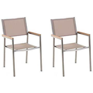 Set Of 2 Garden Dining Chairs Beige And Silver Textile Seat Stainless Steel Legs Stackable Outdoor Resistances Beliani