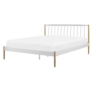 Eu Double Size Panel Bed White With Light Wood Legs 4ft6 White Metal Frame Slatted Base Retro Scandinavian Beliani