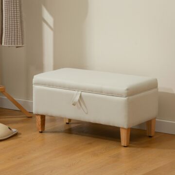Homcom 30l Linen Storage Ottoman Padded Footstool With Rubberwood Legs For Storage Box, Bed End, Shoe Bench, Seating, Beige