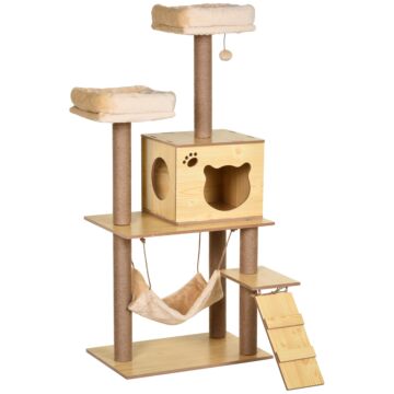 Pawhut Cat Tree, 130cm Cat Tree For Indoor, Multi-level Plush Cat Climbing Tower W/ Scratching Posts, Perches, Cat Condo, Ball For Large Cat, Yellow