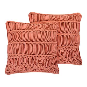 Set Of 2 Decorative Cushion Orange Cotton Macramé 45 X 45 Cm Rope Boho Retro Decor Accessories Beliani