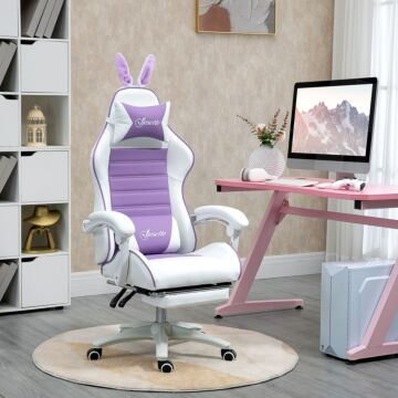 Vinsetto Racing Gaming Chair, Reclining Pu Leather Computer Chair With Removable Rabbit Ears, Footrest, Headrest And Lumber Support, Purple