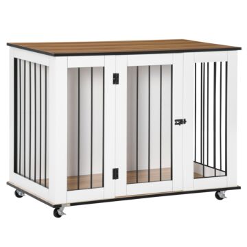 Pawhut Dog Cage End Table With Five Wheels, Dog Crate Furniture For Large Sized Dogs, With Front Door Latch, Indoor Use, White