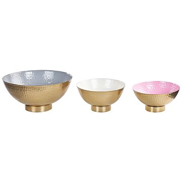 Set Of 3 Decorative Bowls Gold Metal Hammered Finish Round Accent Bowl Design Beliani