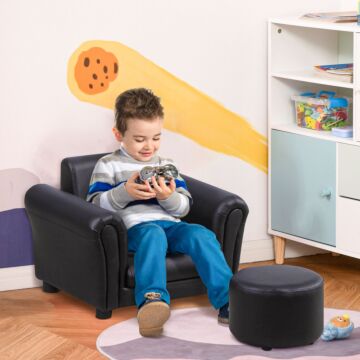 Homcom Toddler Chair Single Seater Kids Sofa Set, 54 X 42 X 41cm, Kids Sofa With Stool, Black