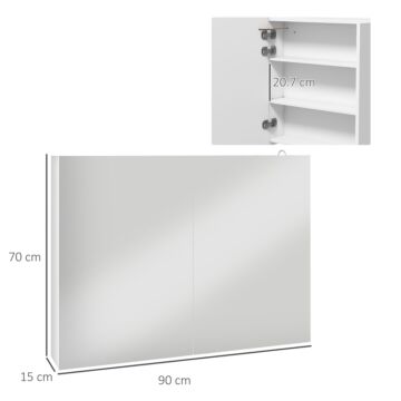 Kleankin Bathroom Mirror Cabinet With Light, Bathroom Storage Cupboard With Adjustable Shelf, Usb Charge, 90x15x70cm, White