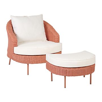 Garden Armchair With Footstool Pink White Cushions Pe Rattan Boho Design Outdoor Sitting Beliani