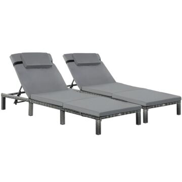 Outsunny 2 Pieces Outdoor Pe Rattan Sun Loungers Set Of 2 With Cushion, Garden Wicker Sunbed Furniture With 5-level Recliner Backrest, Grey