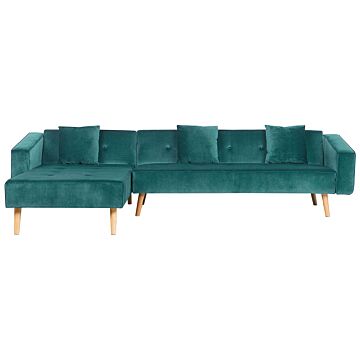 Corner Sofa Bed With 3 Pillows Green Velvet Upholstery Light Wood Legs Reclining Right Hand Chaise Longue 4 Seater Beliani