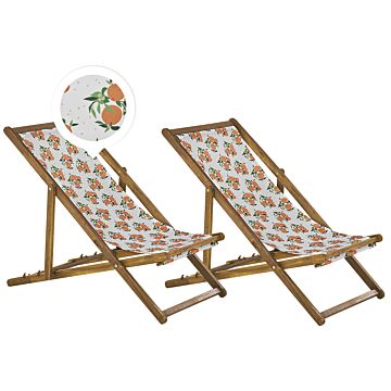 Set Of 2 Garden Deck Chairs Light Acacia Wood Frame Oranges Pattern Replacement Fabric Hammock Seat Reclining Folding Sun Lounger Beliani