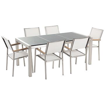 Garden Dining Set White With Grey Granite Table Top 6 Seats 180 X 90 Cm Triple Plate Beliani