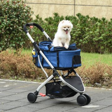 Pawhut Detachable Pet Stroller Pushchair Foldable Dog Cat Travel Carriage 2-in-1 Design Carrying Bag Dark Blue