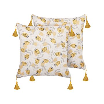 Set Of 2 Decorative Cushions Yellow And Beige Floral Pattern 45 X 45 Cm Flower Motif Retro Decor Accessories Beliani