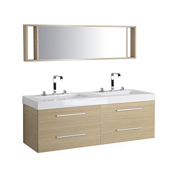 Bathroom Vanity Unit Light Wood Four Drawers Mirror Modern Beliani