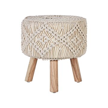 Footstool Beige Cotton Seat Wooden Legs 40 X 40 X 44 Cm Handmade Macramé