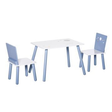 Homcom Kids Table And Chairs Set 3 Pieces 1 Table 2 Chairs Toddler Wooden Multi-usage Easy Assembly Star Image Ornament Blue And White