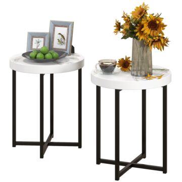 Homcom Set Of 2 Round Side Table With Metal Legs, Modern End Table Bedside Table For Living Room, White