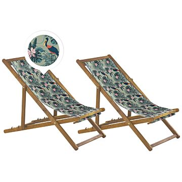 Set Of 2 Garden Deck Chairs Light Acacia Wood Frame Pelican Pattern Replacement Fabric Hammock Seat Reclining Folding Sun Lounger Beliani
