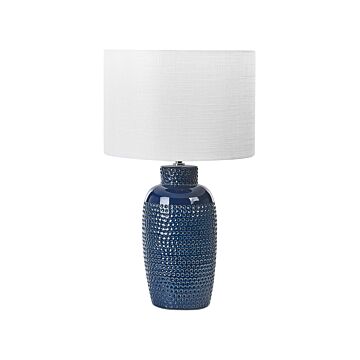 Table Lamp Navy Blue Ceramic 53 Cm White Drum Shade Handmade Bedside Living Room Bedroom Lighting Beliani