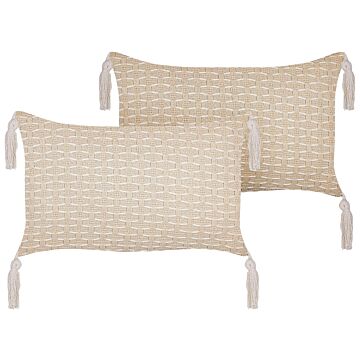 Set Of 2 Scatter Cushions Light Beige 25 X 45 Cm Throw Pillow Geometric Pattern Tassels Removable Cover With Filling Beliani