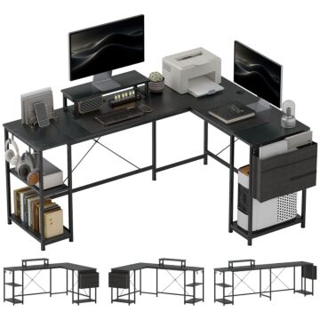Homcom 168cm Reversible L Shaped Desk, Industrial Corner Computer Desk With Adjustable Shelf And Storage Bag, 240cm 2 Person Desk With Monitor Stand, Black