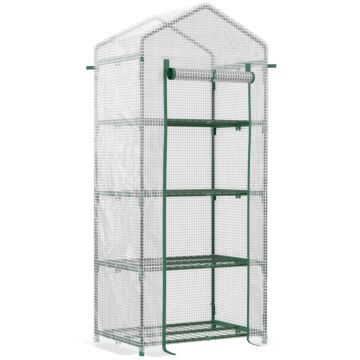 Outsunny 4 Tier Mini Greenhouse, Portable Green House With Steel Frame, Pe Cover, Roll-up Door, 70 X 50 X 160 Cm, White