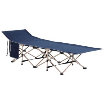 Outsunny Single Person Camping Folding Cot Outdoor Patio Portable Military Sleeping Bed Travel Guest Leisure Fishing With Carry Bag, Blue