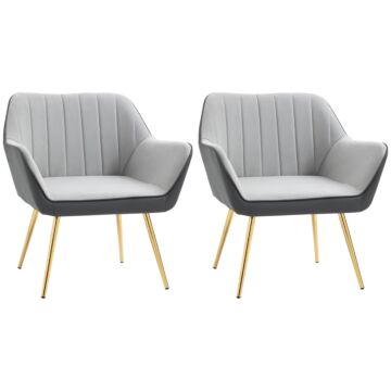 Homcom Velvet Armchairs, Upholstered Accent Chairs With Golden Steel Legs, Modern Vanity Chairs For Living Room And Bedroom, Set Of 2, Light Grey