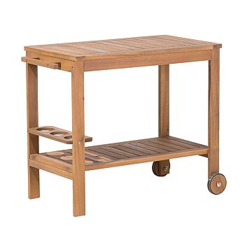 Garden Serving Cart Light Acacia Wood 74 X 83 Cm Drinks Trolley 2 Tier Wheeled With Bottle Holder Rustic Style Beliani